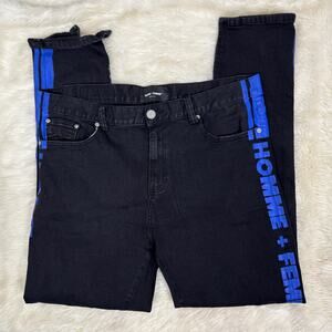 Homme + Femme Straight Distressed Jeans Mens Black Blue Logo Stripes Size 34